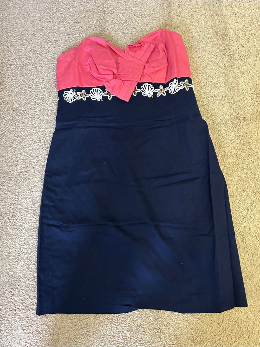 Lilly Pulitzer Pink and Navy Strapless Shell-Trim Pencil Dress